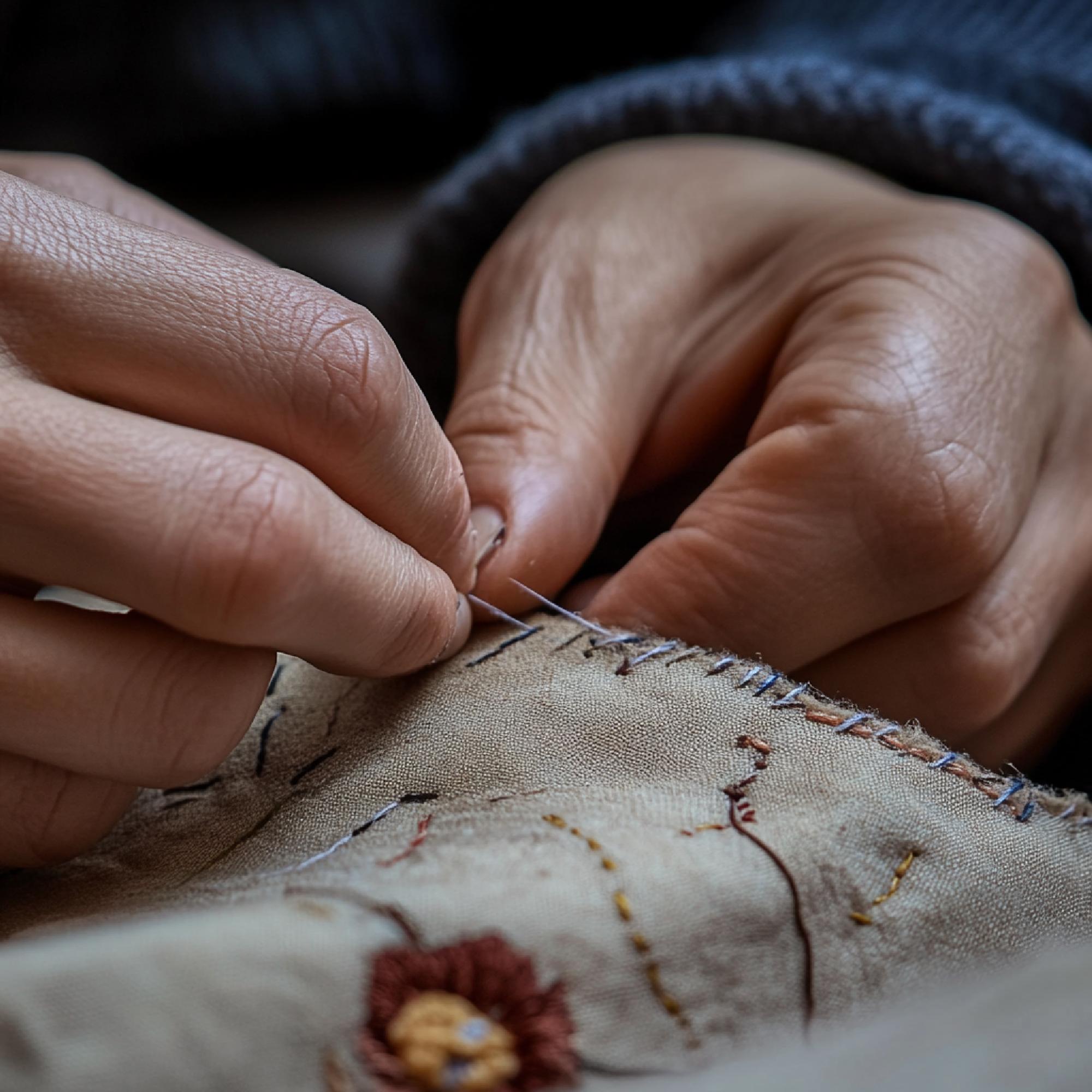Hand finishing details on embroidered badge